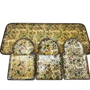 4 Vintage Knobler Plates Serving Tray Set Parisian Parrot Asian Hummingbird Chic